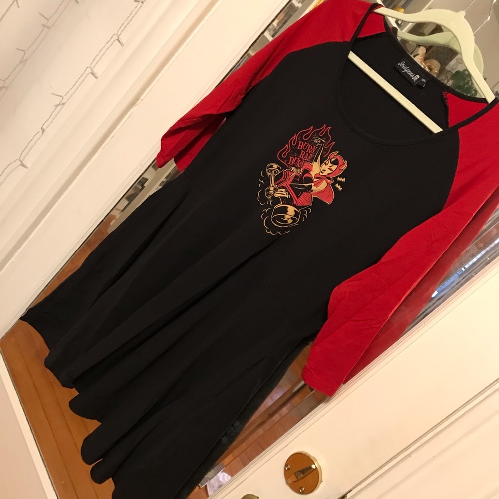 Sourpuss 3XL 3/4 raglan sleeve jersey knit dress black and red pin-up print